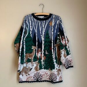 Vtg Crossings  Sweater Blue Green All Over Print Woodland Animal Womens